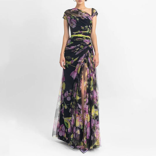 Pleated Slim Mesh Printed Long Dress