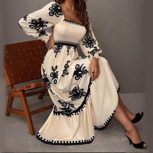 Elegant Retro Geometric Print Lantern-Sleeve Dress - US Only