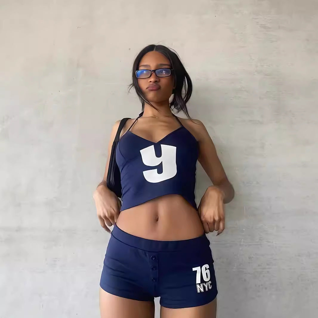 Fashionable Big Letter Print Slim-Fit Sports Tank Top And Shorts Two-Piece Set Cool Girl Outfit