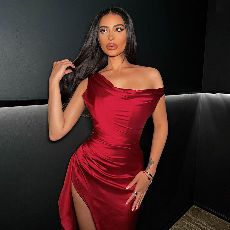 Girdle Fishbone Satin Split Dress For Women
