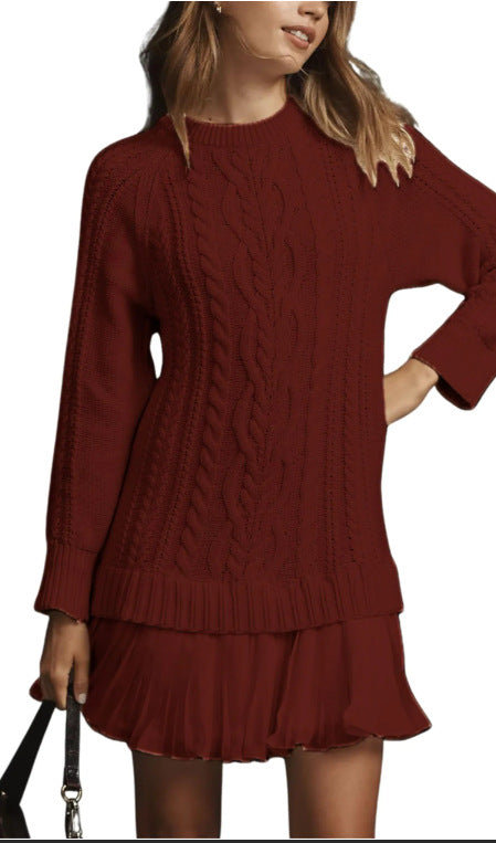 Round-Neck Twisted Knit Chiffon Spliced Sweet Mini Dress