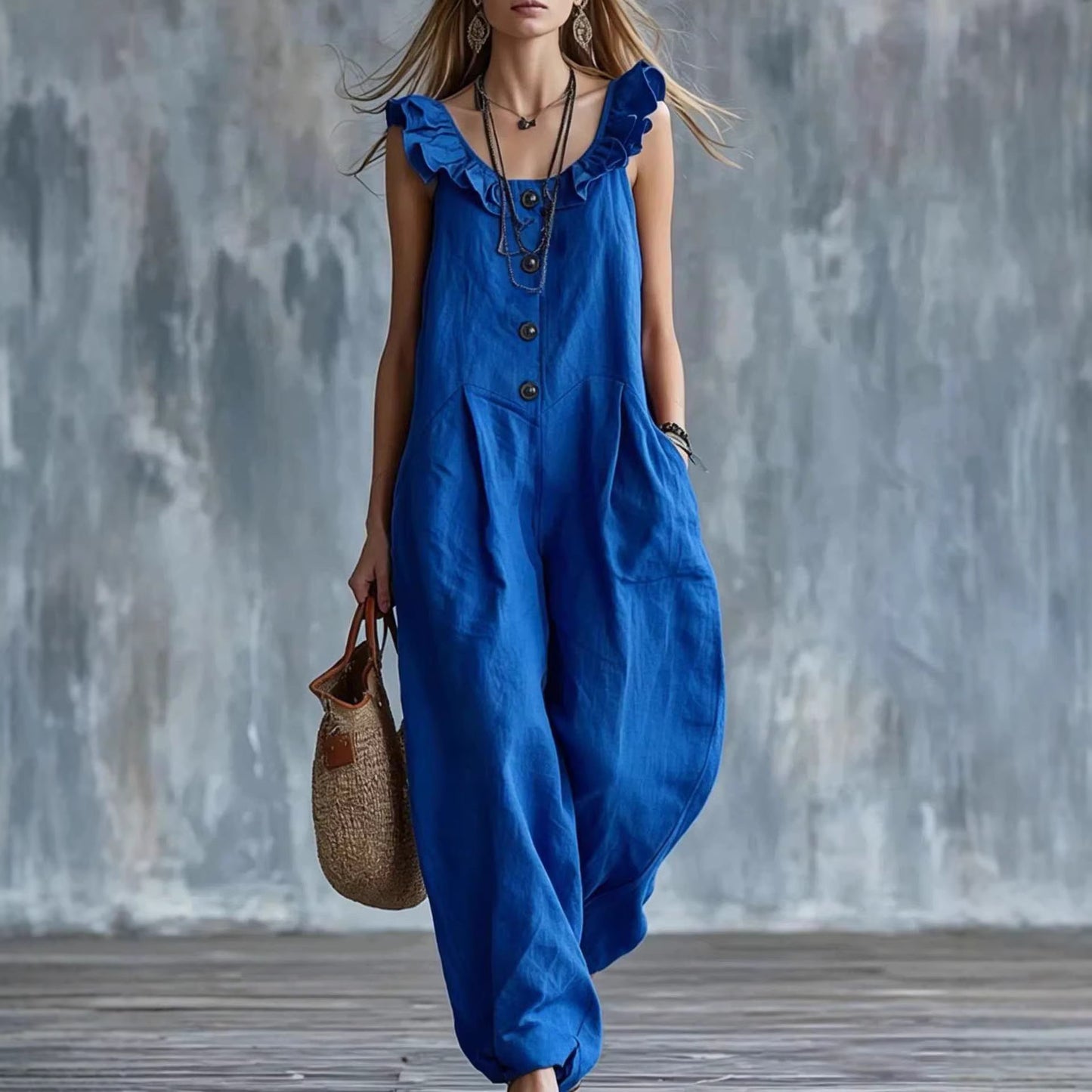Womens Solid-Colored Sleeveless Button-Down Jumpsuit