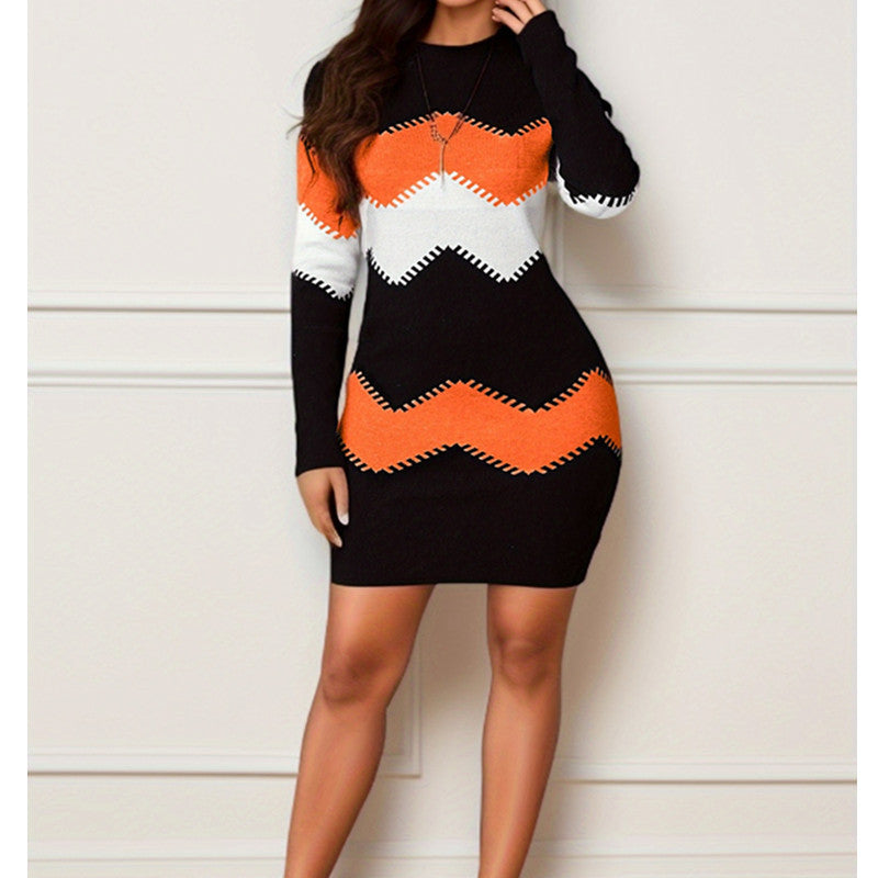 Long-Sleeve Printed Knitted Sheath Dress
