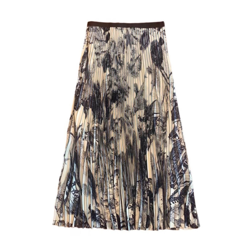 Elastic-Waist Ink Painting Midi Skirt