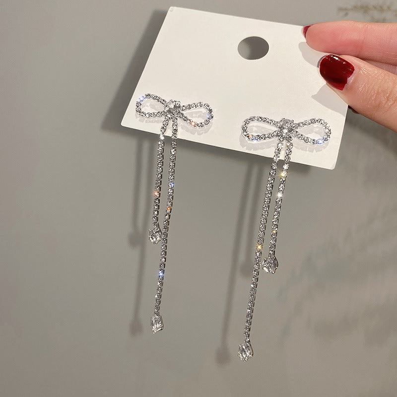 Silver Needle Long Bow-Tie Earrings For Women