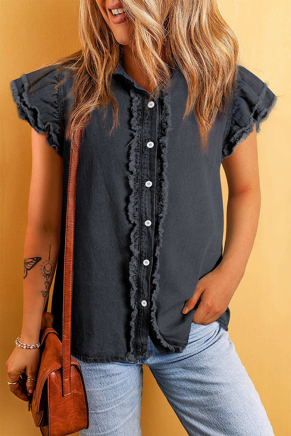 Ashleigh Blue Button Front Ruffled Flutter Frayed Denim Top