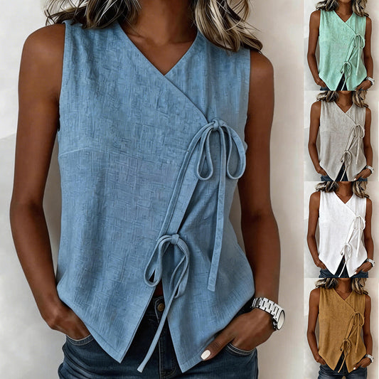 Womens Bow-Tied V-Neck Top Sleeveless Tank Top