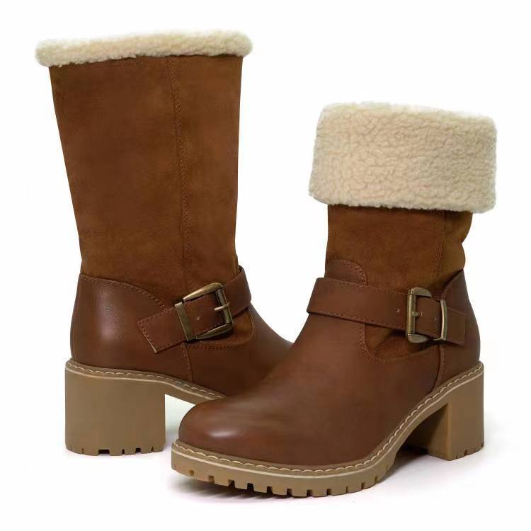 Fashion Round-Toe Boots With Buckle Chunky Heel