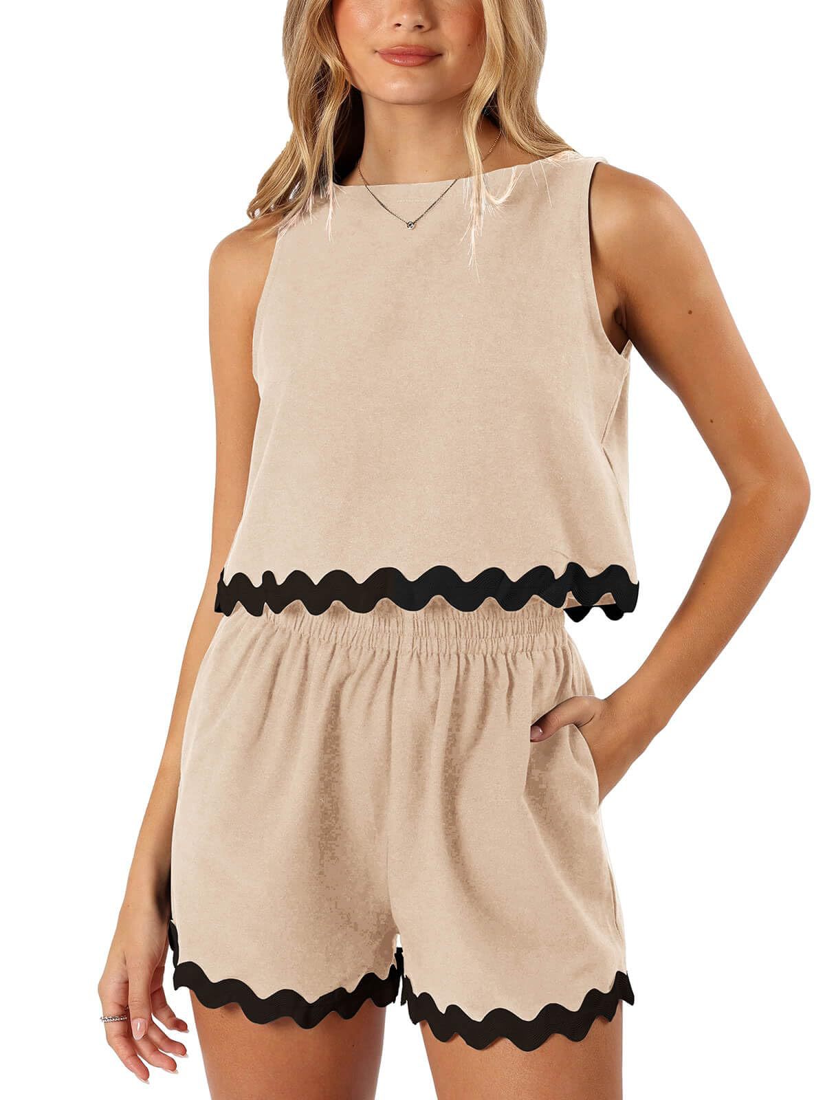 Summer Two-Piece Set Linen Lace-trimmed Crew-neck Tank Top And Short Pants