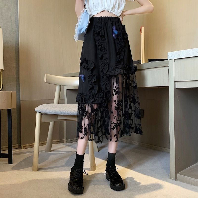 Black Irregular Design Thin Gauze Skirt