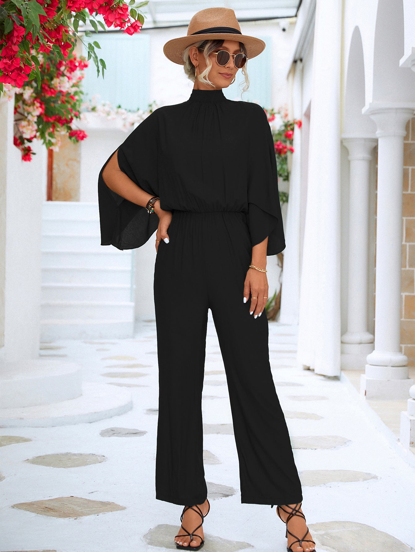 Stand-Collar Jumpsuit With Loose Split Long Sleeves