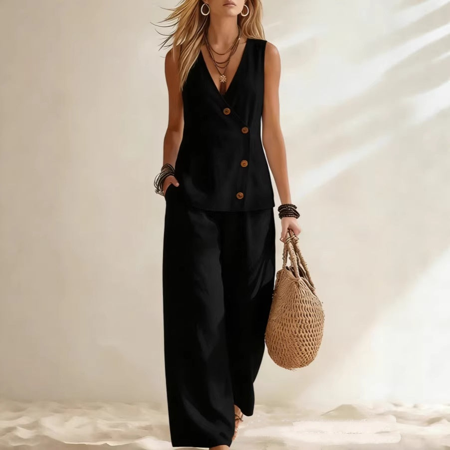 Button-Up Cardigan Vest & Pants Set