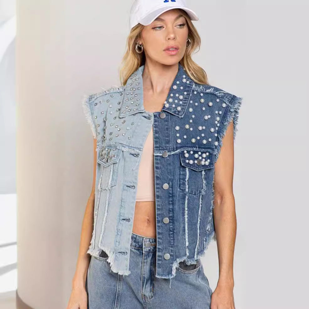 Splicing Beads Loose Short Denim Vest