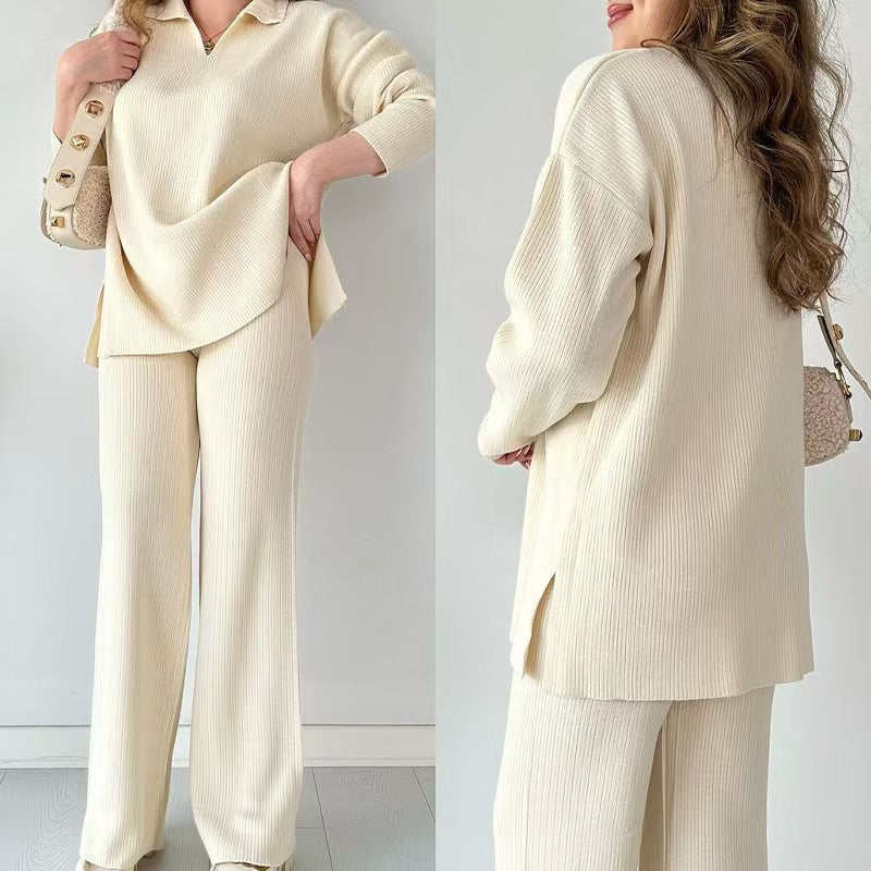 AutumnWinter New Style Fashion Solid Color Loose Hem Split Knit Sweater Two-Piece Set For Women