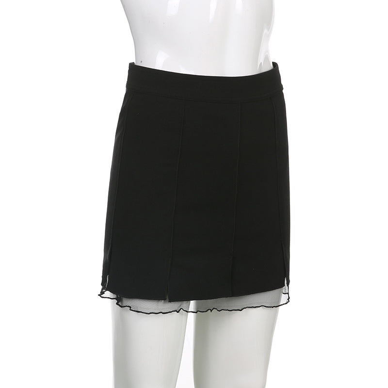 Low Waist Slit Stitching Mesh Gauze Double Elastic Skirt Female