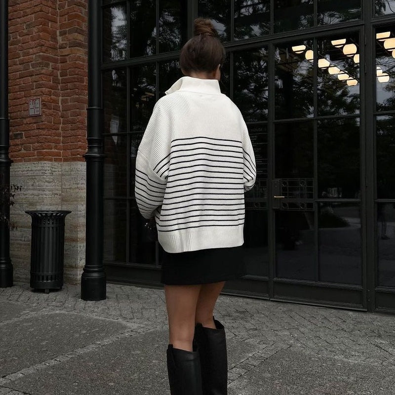 Striped Lapel Half-Open Zipper Knitted Sweater