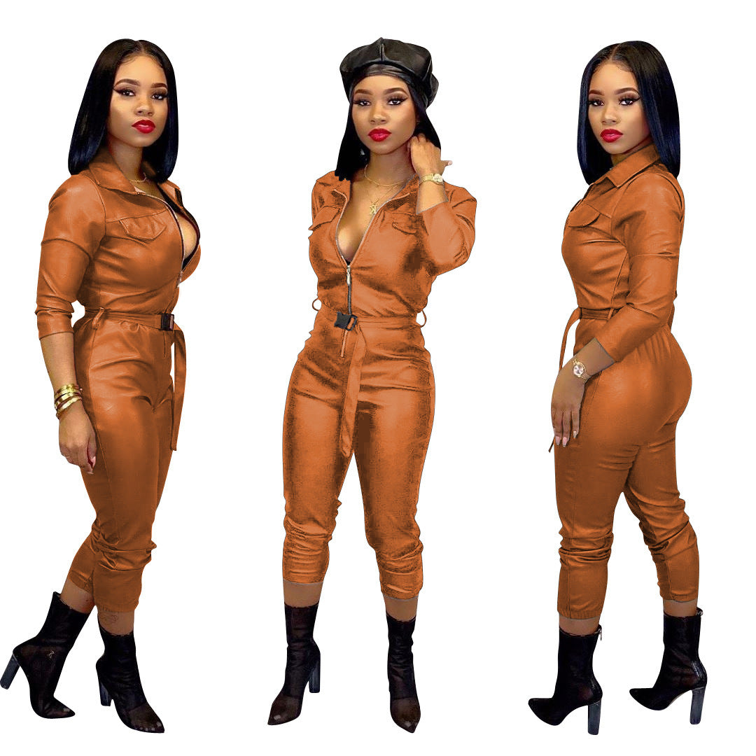 Highly Elastic Leather Jumpsuit