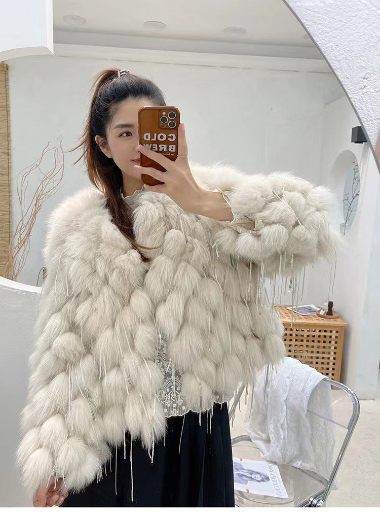 Plush Fox Fur Female Short Tassel Thickened Coat