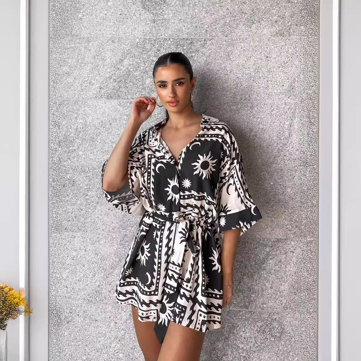 Printed Lace-Up Short Pants Jumpsuit