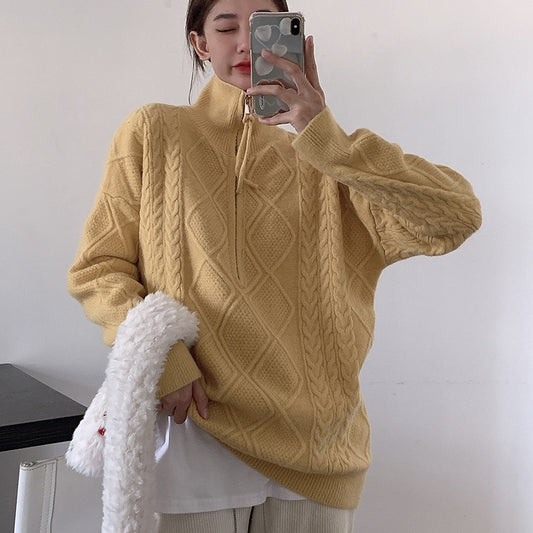 Mock-Neck Zipper Fried Dough Twists Pullover Sweater