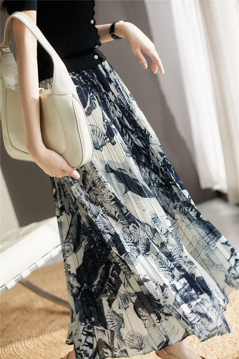 Elastic-Waist Ink Painting Midi Skirt