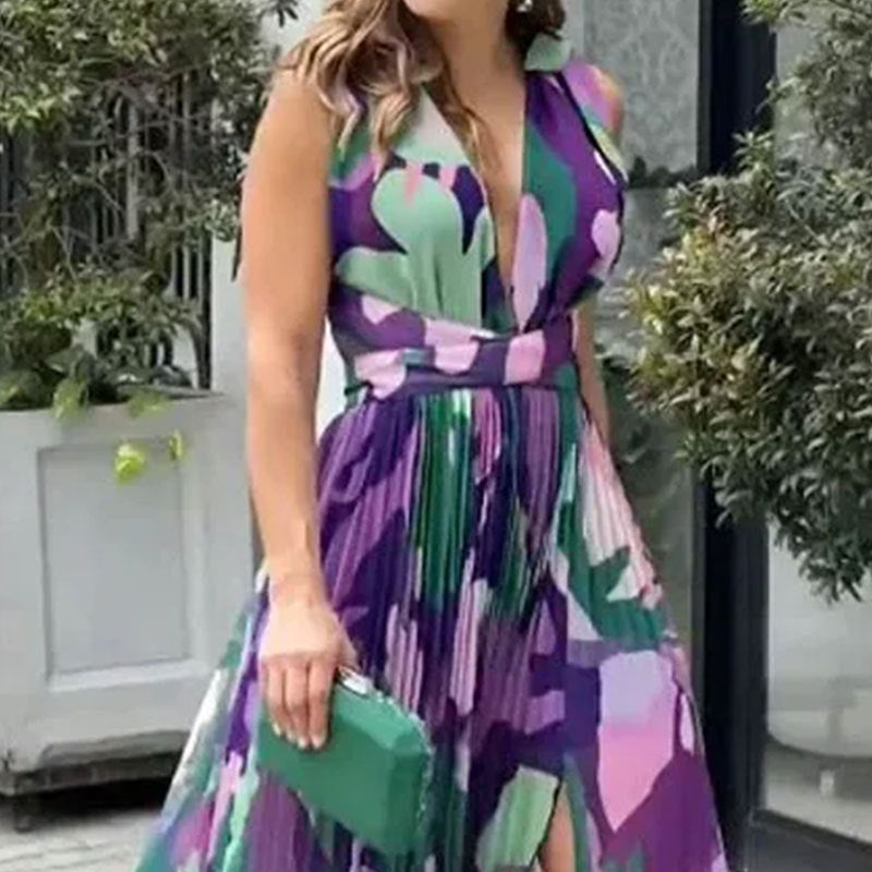 Sleeveless V-Neck Tight-Waist Split Dress