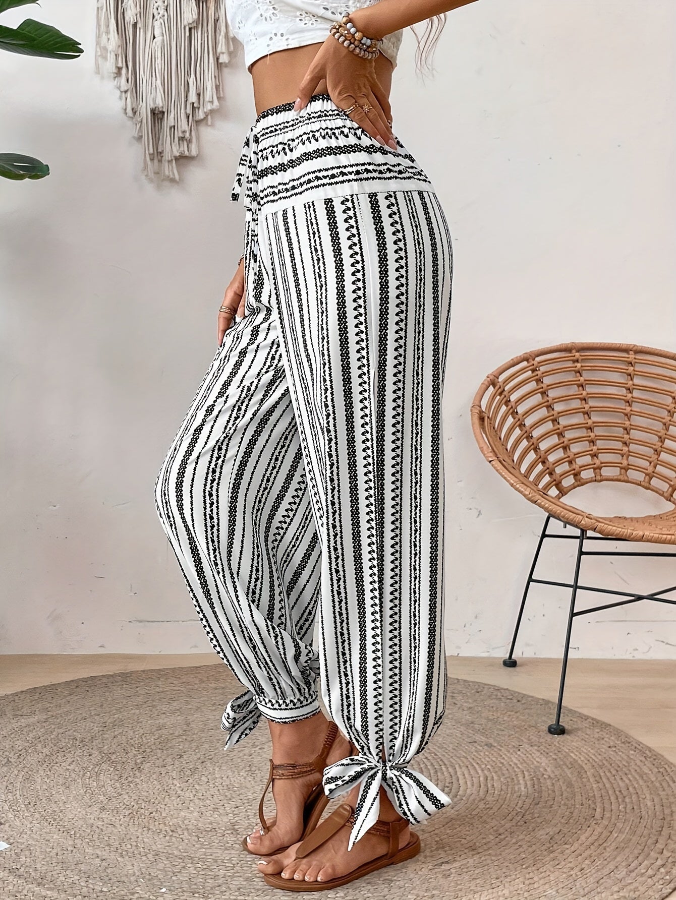 Striped High-Waist Side-Split Knot Trousers