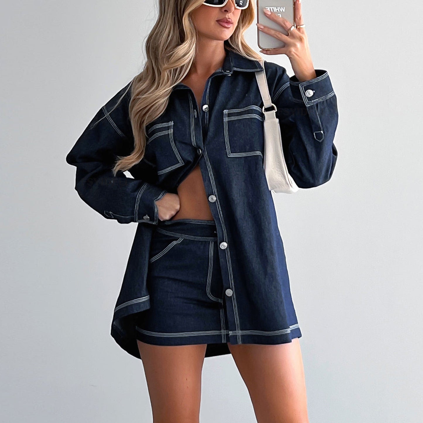 Retro Denim Shirt Jacket & Short Skirt Outfit