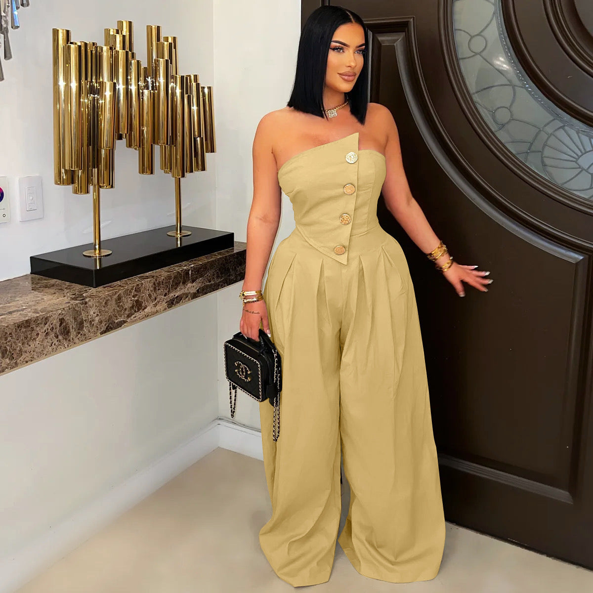 Tube-Top Sleeveless Metal Button Wide-Leg Jumpsuit