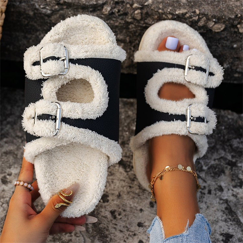 Thick-Sole Buckle Lamb Swool Slippers For Women - Lazy Plush Shoes