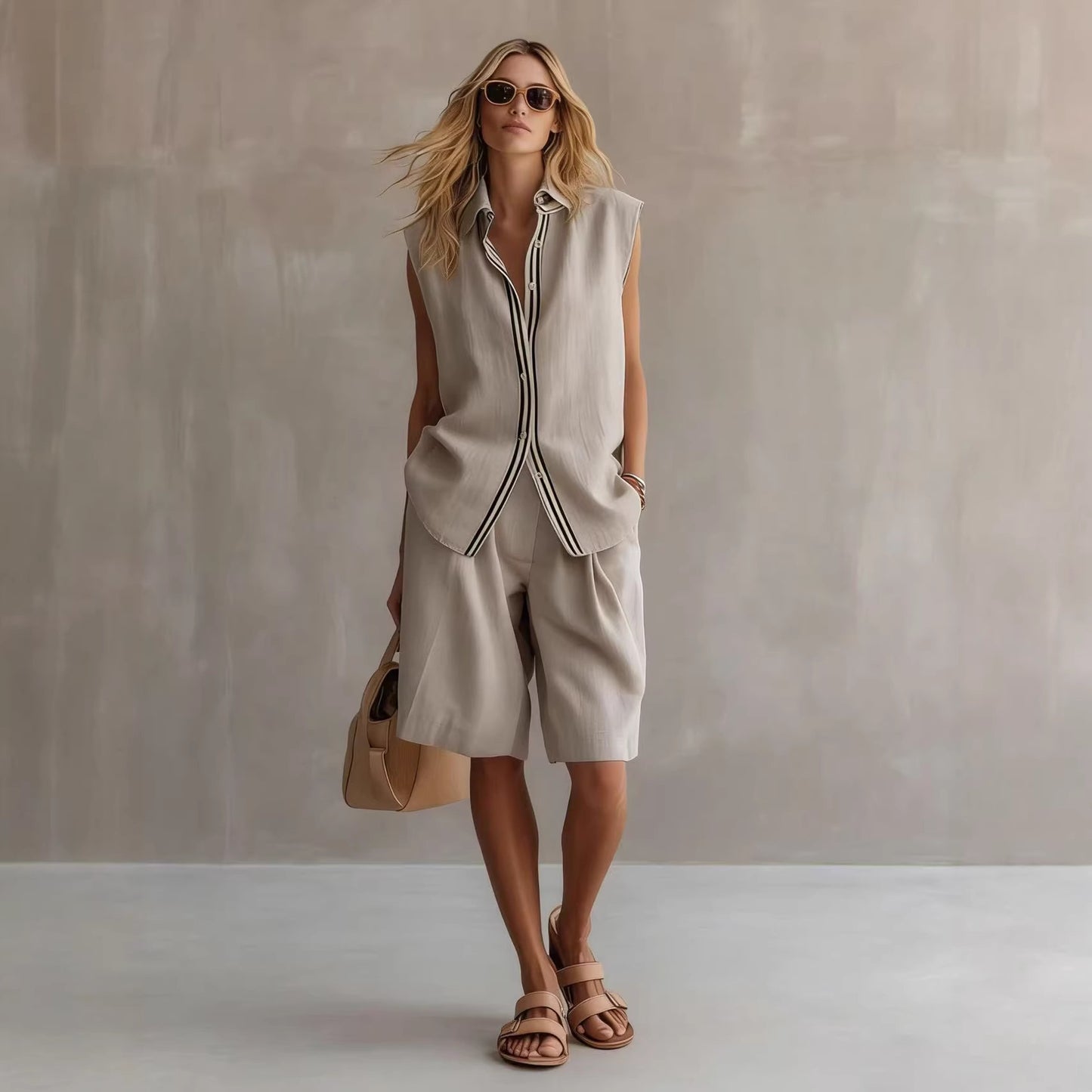 Single-breasted Sleeveless Linen Shirt And Shorts Set