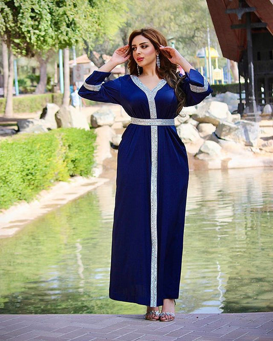 Diamond-Studded  Middle Eastern Women's Belt Robe - Long Muslim Clothing