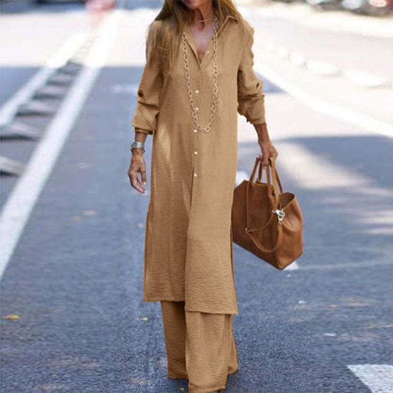 Casual Long-Sleeve Shirt  + Long Trousers Suit For Women