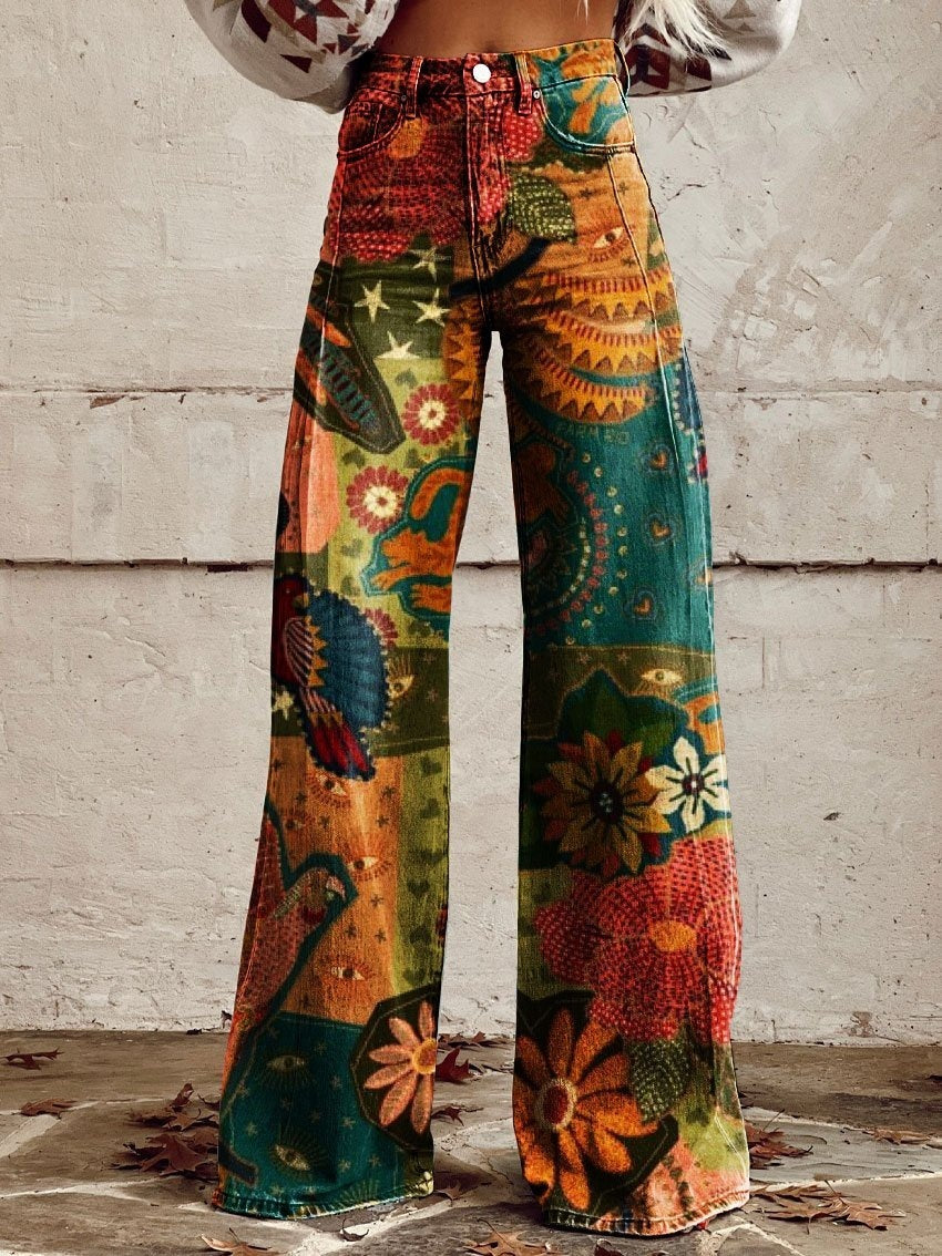 Women's 3D Printed Denim Wide-Leg Pants