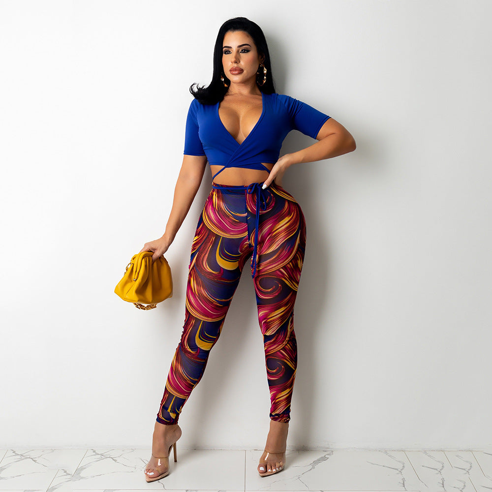 Sexy Mesh Printed Trousers Women Two-Piece Suit