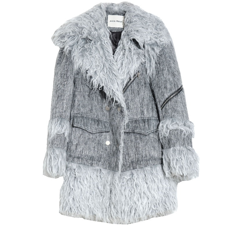 Fur Patchwork Wool Overalls Coat