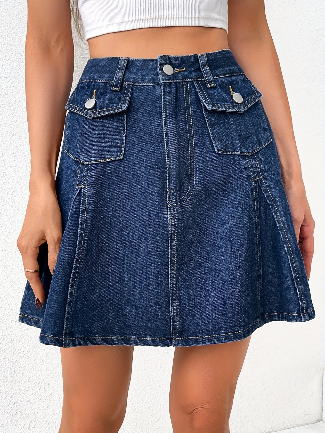 Washed A-Line Denim Mini Skirt, With Pockets