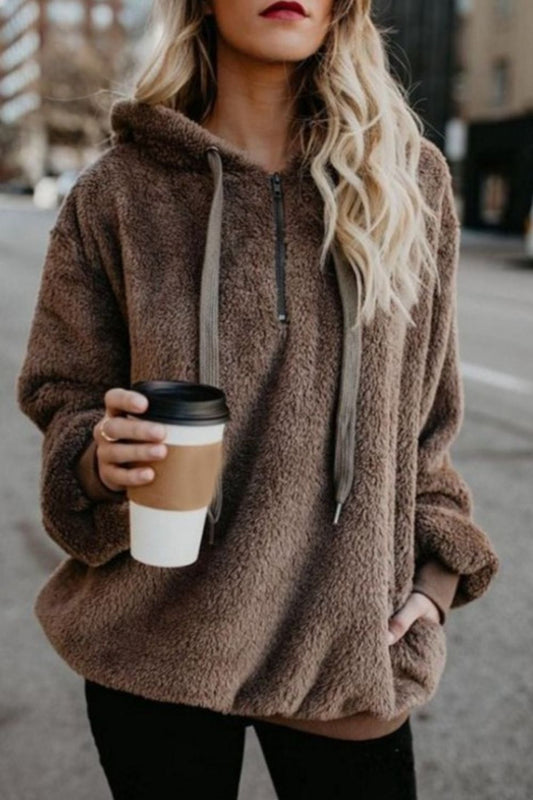 Quarter-Zip Drawstring Teddy Hoodie - US Only