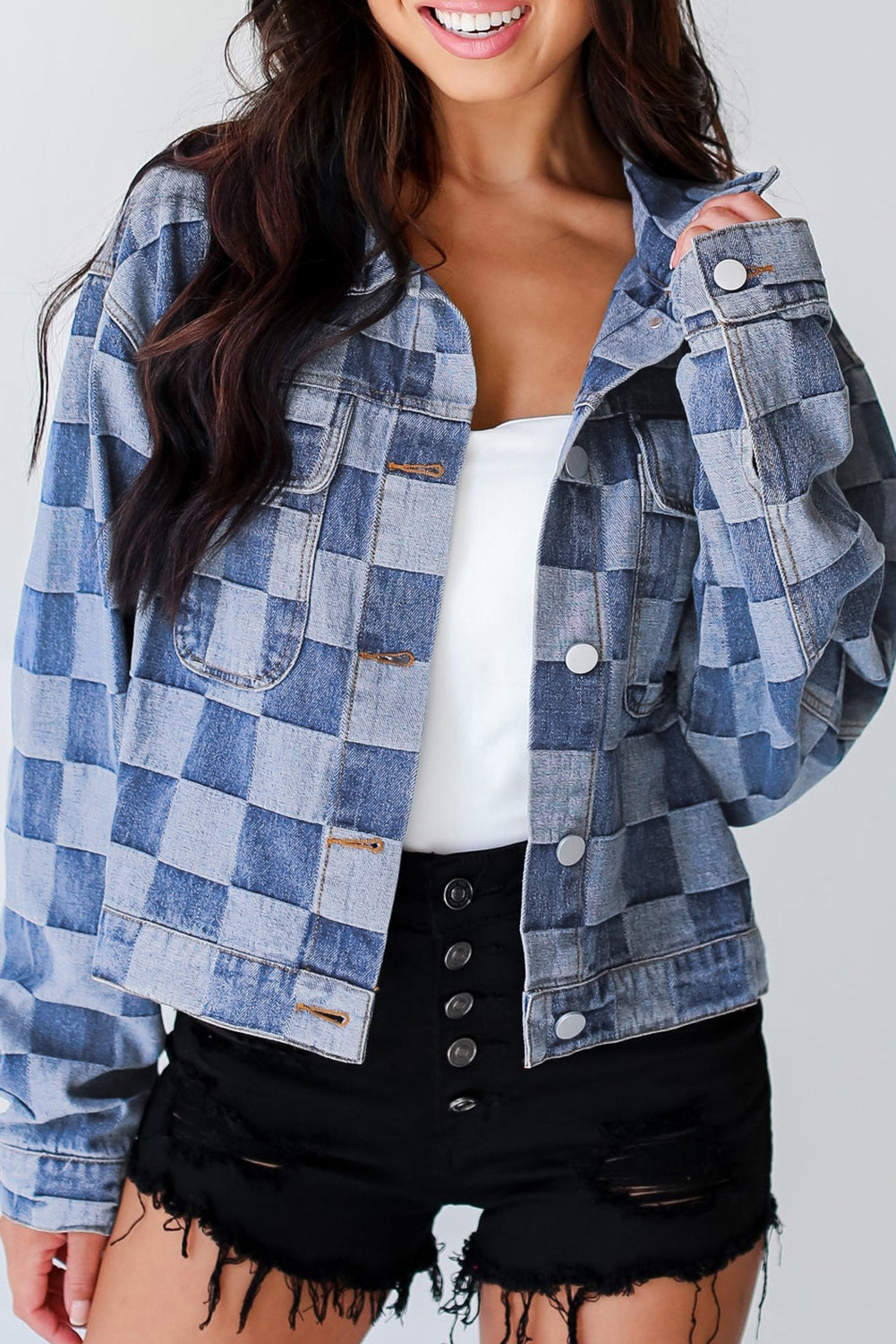 Light Blue Chequered Patchwork Button-Up Denim Jacket