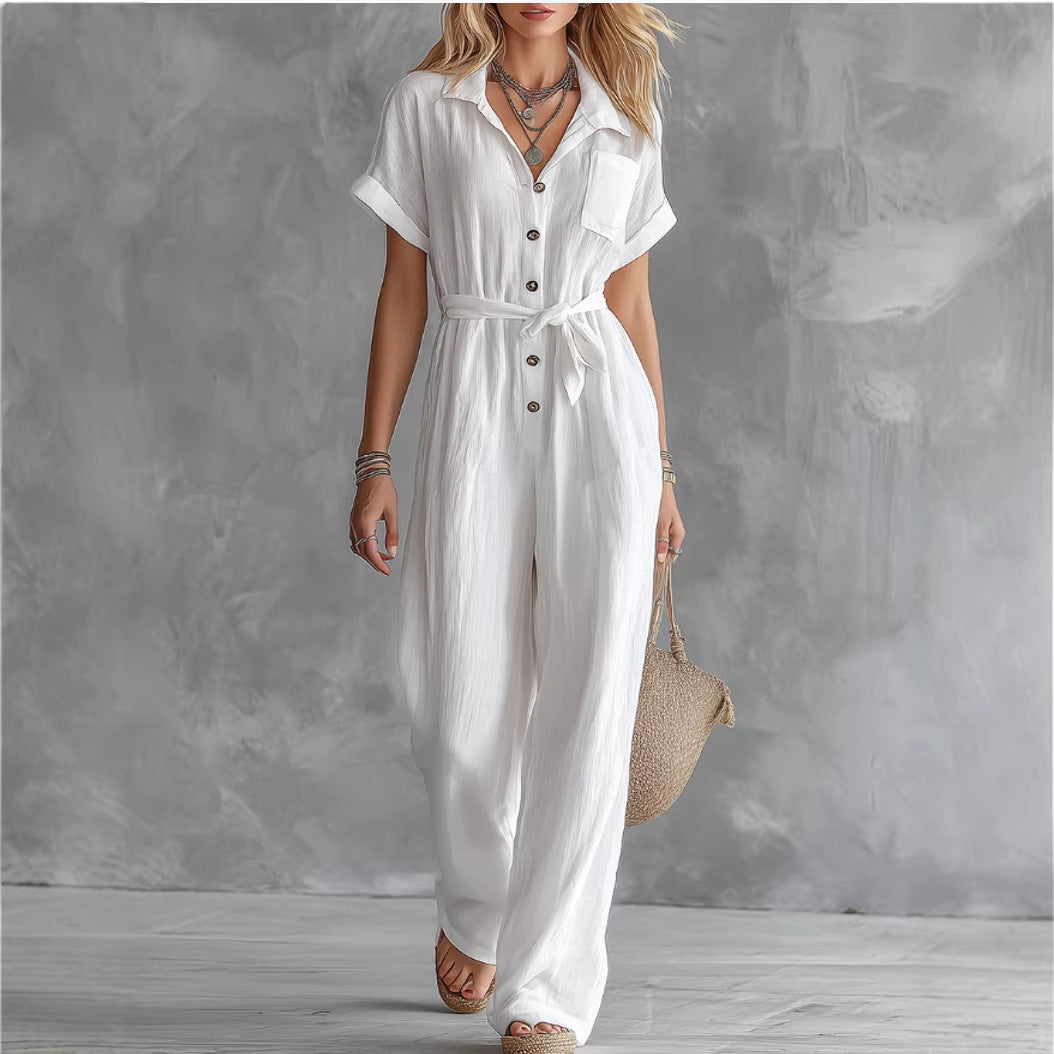 Loose-fitting Casual V-neck Lace-up Pocket Jumpsuit