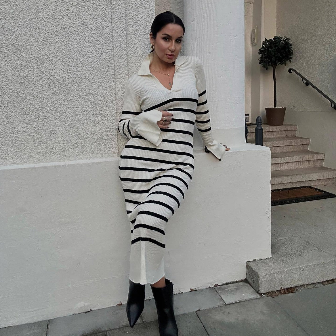 Long-Sleeve Women's Knitted Deep-V Dress