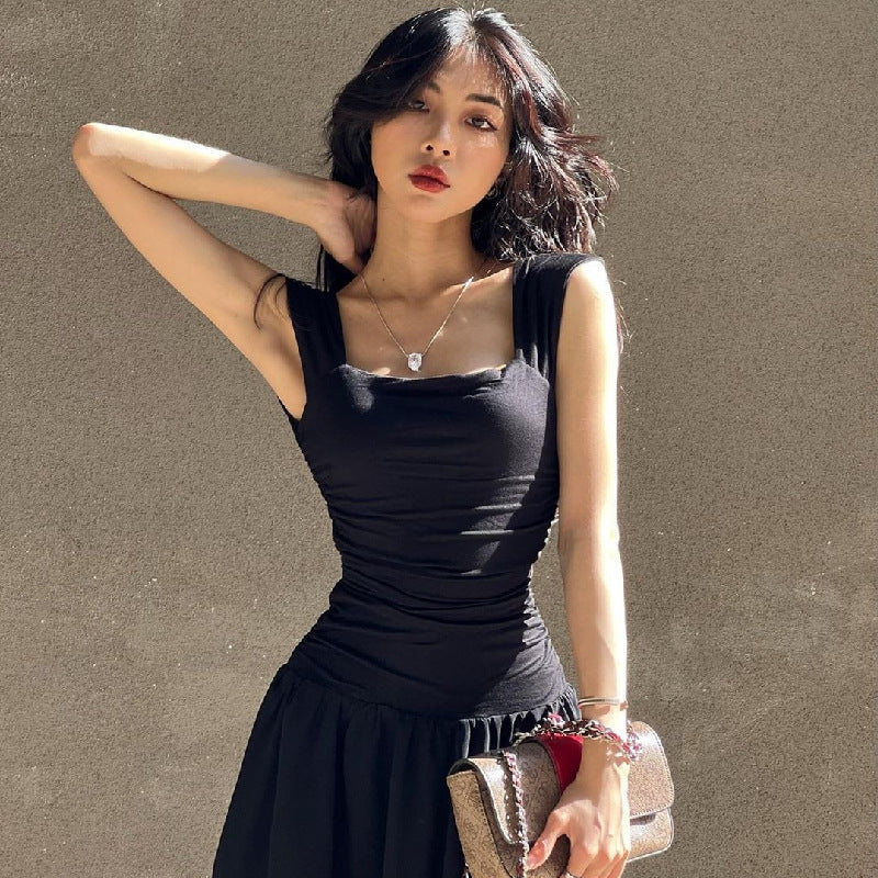 Square-Collar Pleated Large Swing Waist-Slimming Mesh Sling Dress
