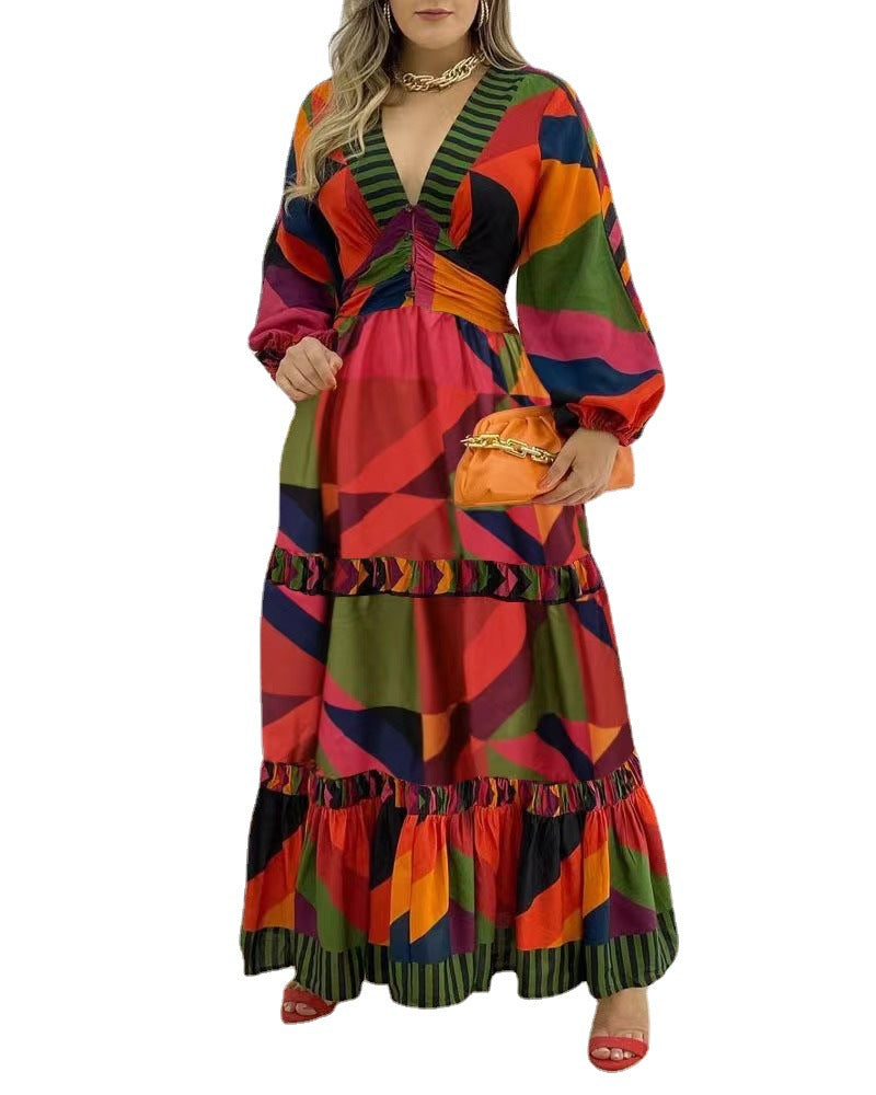 V-Neck Printed Long Dress