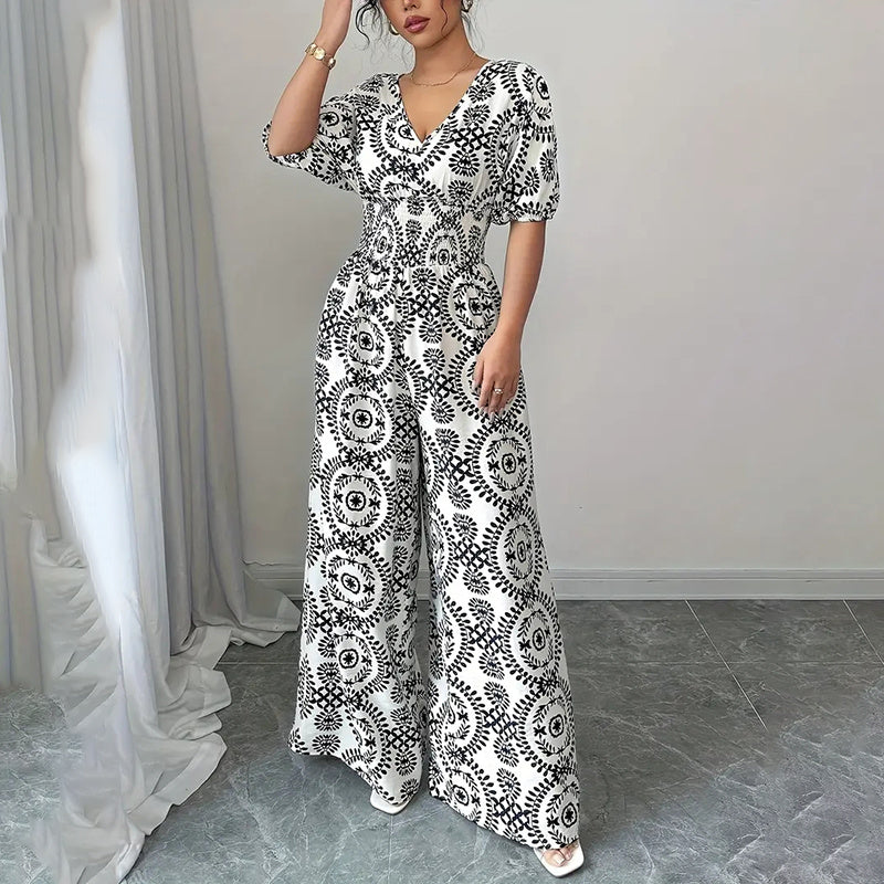 Short-Sleeve V-Neck Wide-Leg Pants Jumpsuit - US Only