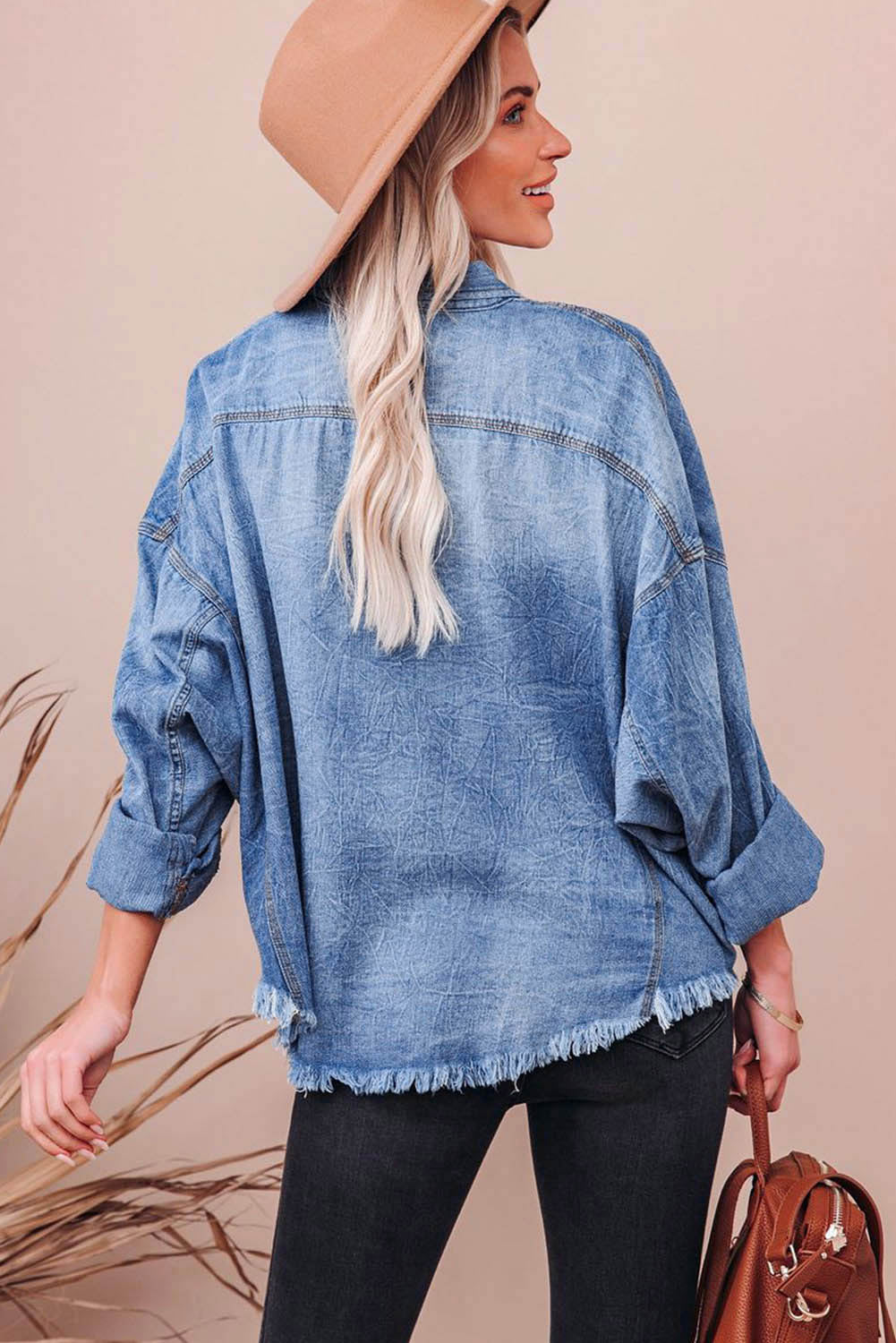 Sky-Blue Sequin Rugby Graphic Flap-Pockets Raw-Hem Denim Jacket