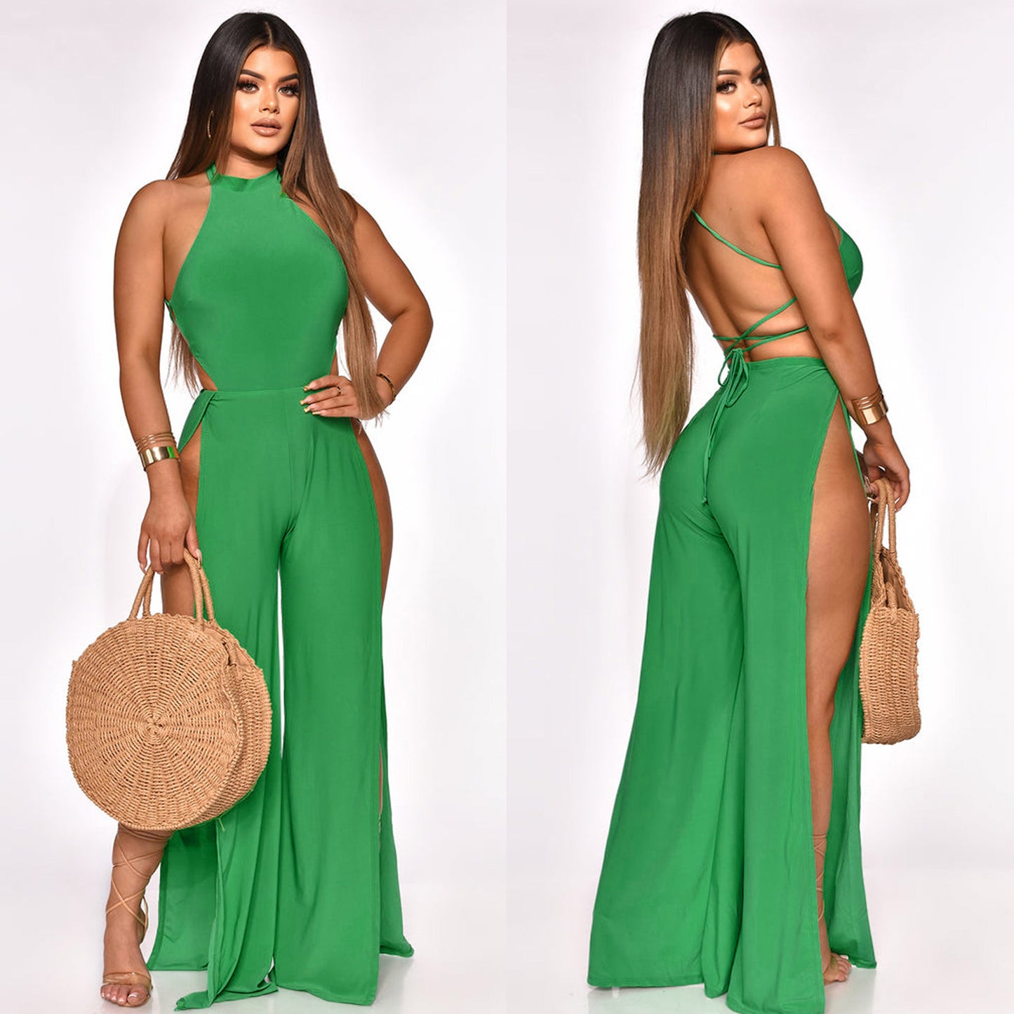 Lace-Up Back Split-Leg Jumpsuit  for Women