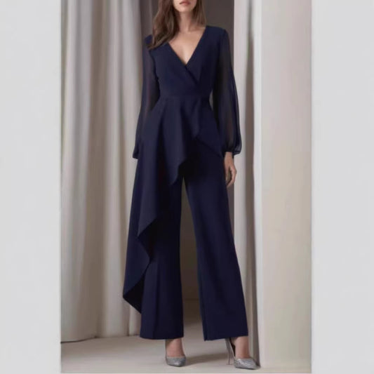 European And American Elegant Chic Casual Jumpsuit In Navy Blue