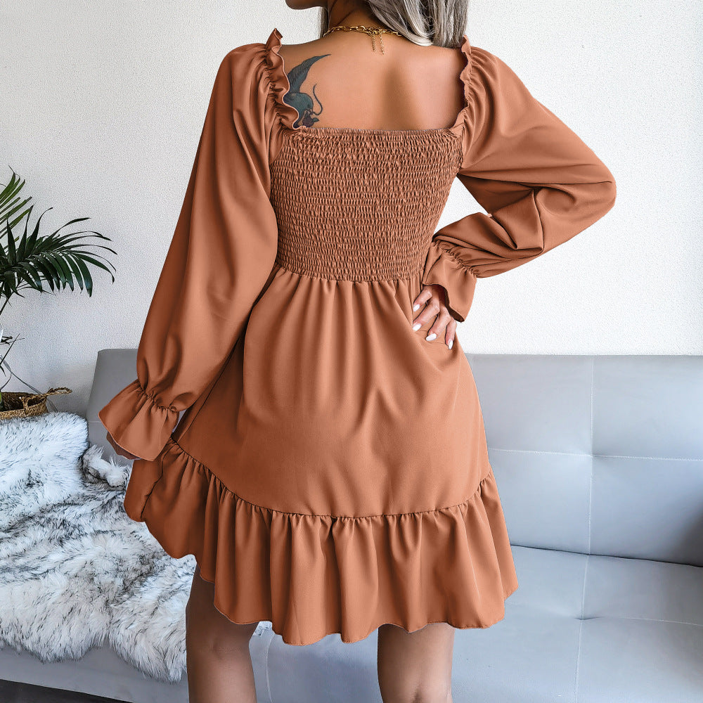 Flared Long-Sleeve Square-Neck Ruffled Swing Dress