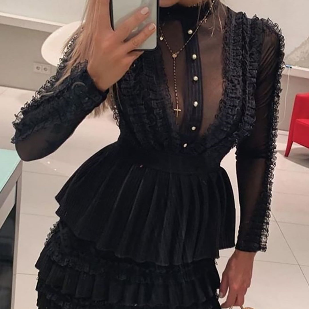 Black Mesh Lace Mini Dress