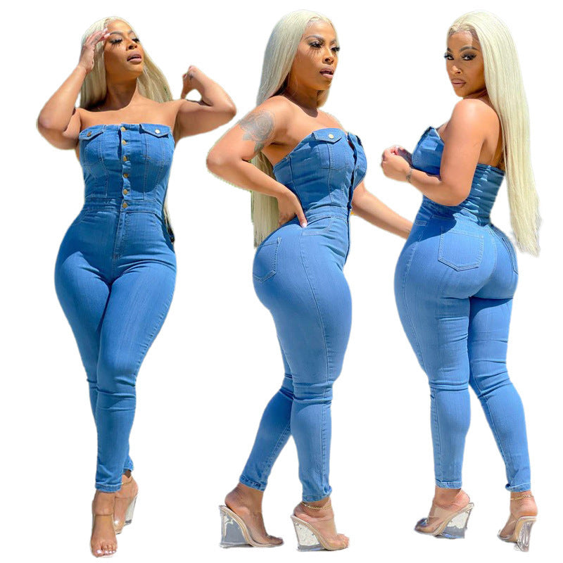 Tube-Top Off-Shoulder Slim-Fit Denim Jumpsuit